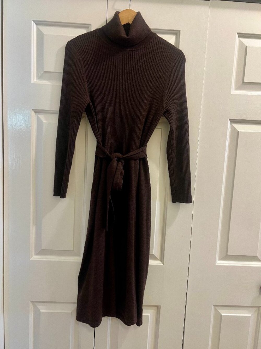 Talbots Italian Wool Sweater Dress Womens Petite Large Chocolate Brown Belted